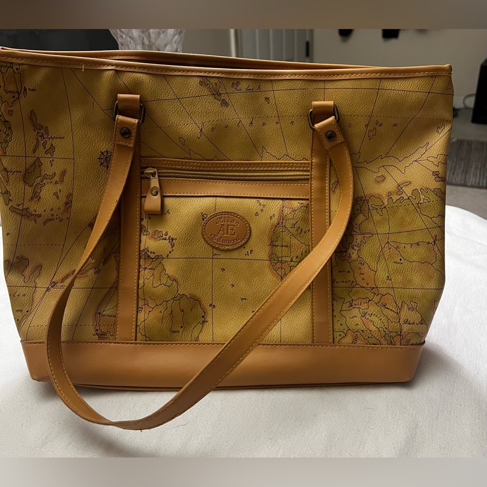 Vintage Allan Edward World Map Handbag Purse Shoulder Bag Large Tan - Picture 2 of 8